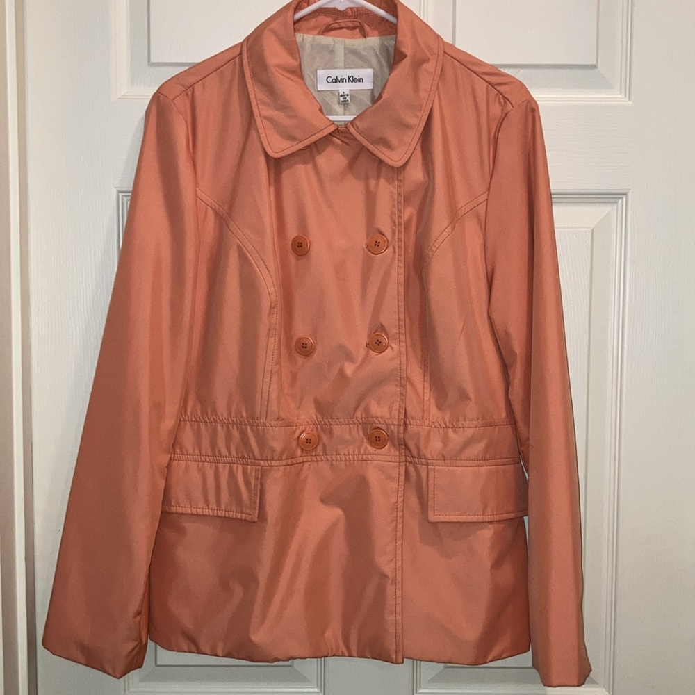 Calvin Klein Coral Double Breasted Lined Trench Rain Jacket Women Large Trench